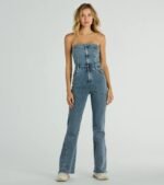 Flirty Retro Strapless Flare Denim Jumpsuit - Image 5