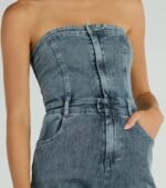 Flirty Retro Strapless Flare Denim Jumpsuit - Image 7
