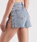 Lace Me Up High-Rise Rhinestone Denim Shorts - Image 3