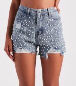 Gem Of The Sea Faux Pearl Denim Shorts - Image 4