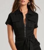 Done In One Zip-Front Tie-Waist Denim Romper - Image 4